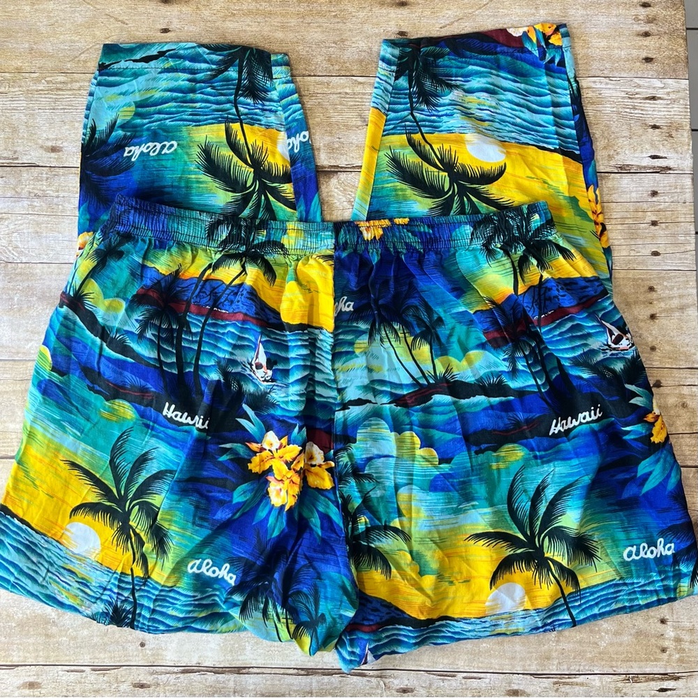 Rainbow Hawaii Aloha Tropical Print Rayon Lounge Pants Blue‎ Yellow One Size